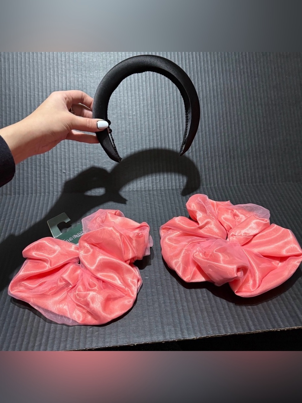 3 pc Black Satin Puff Crown Headband Oversized Peach Organza Scrunchie Cuff Set